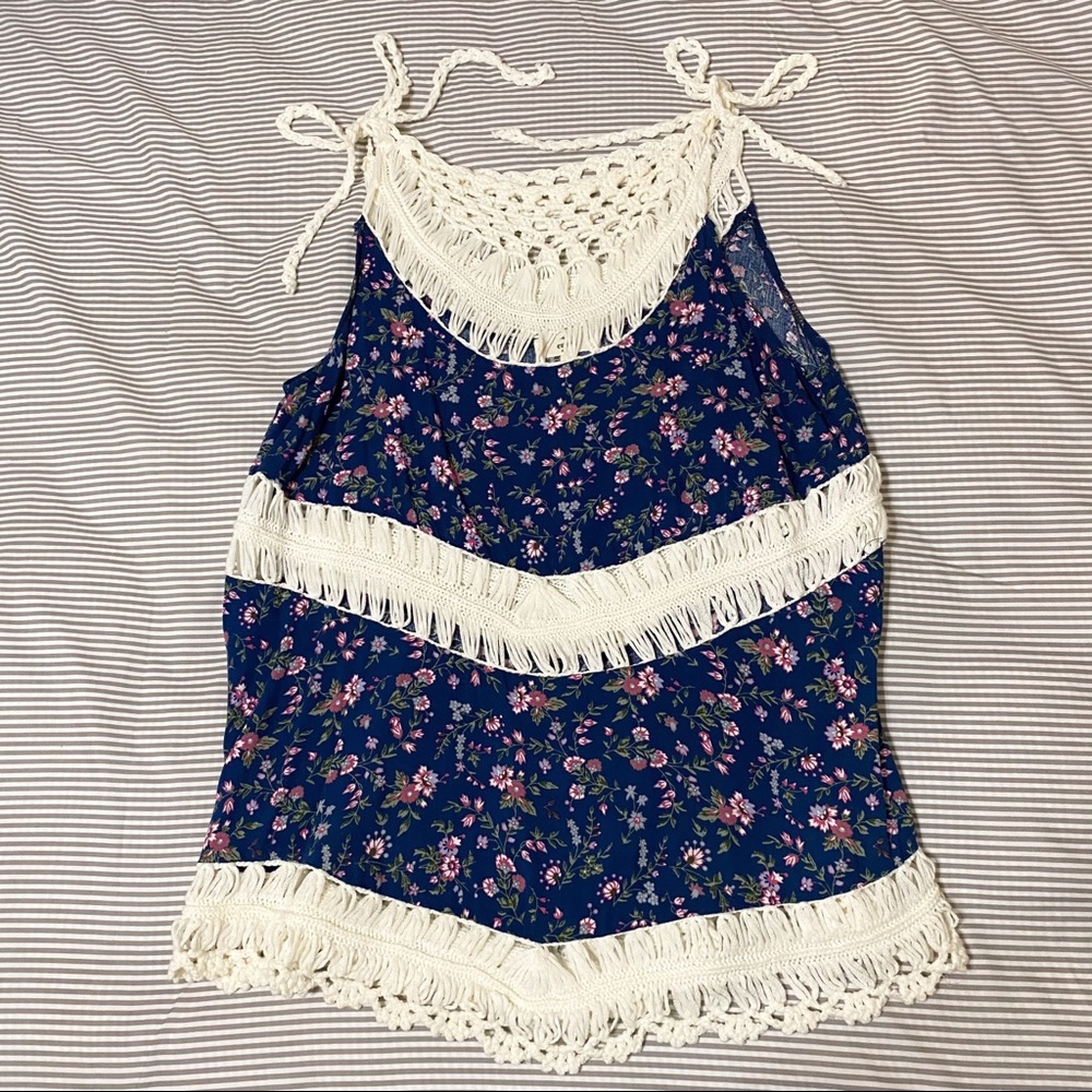 Women’s navy floral blouse with crochet detail